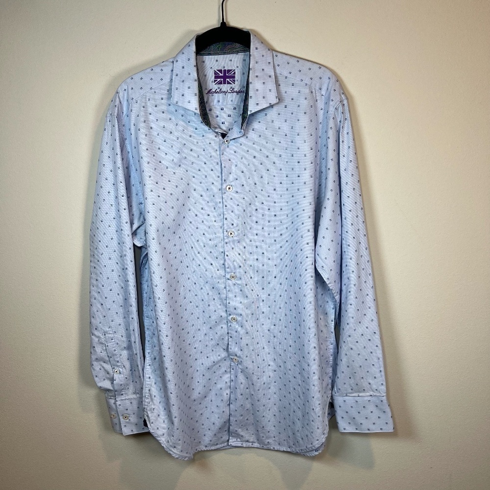 Mickelsons London Flip Cuff Button Up Shirt Blue Dots Long Sleeve Mens Sz Medium
